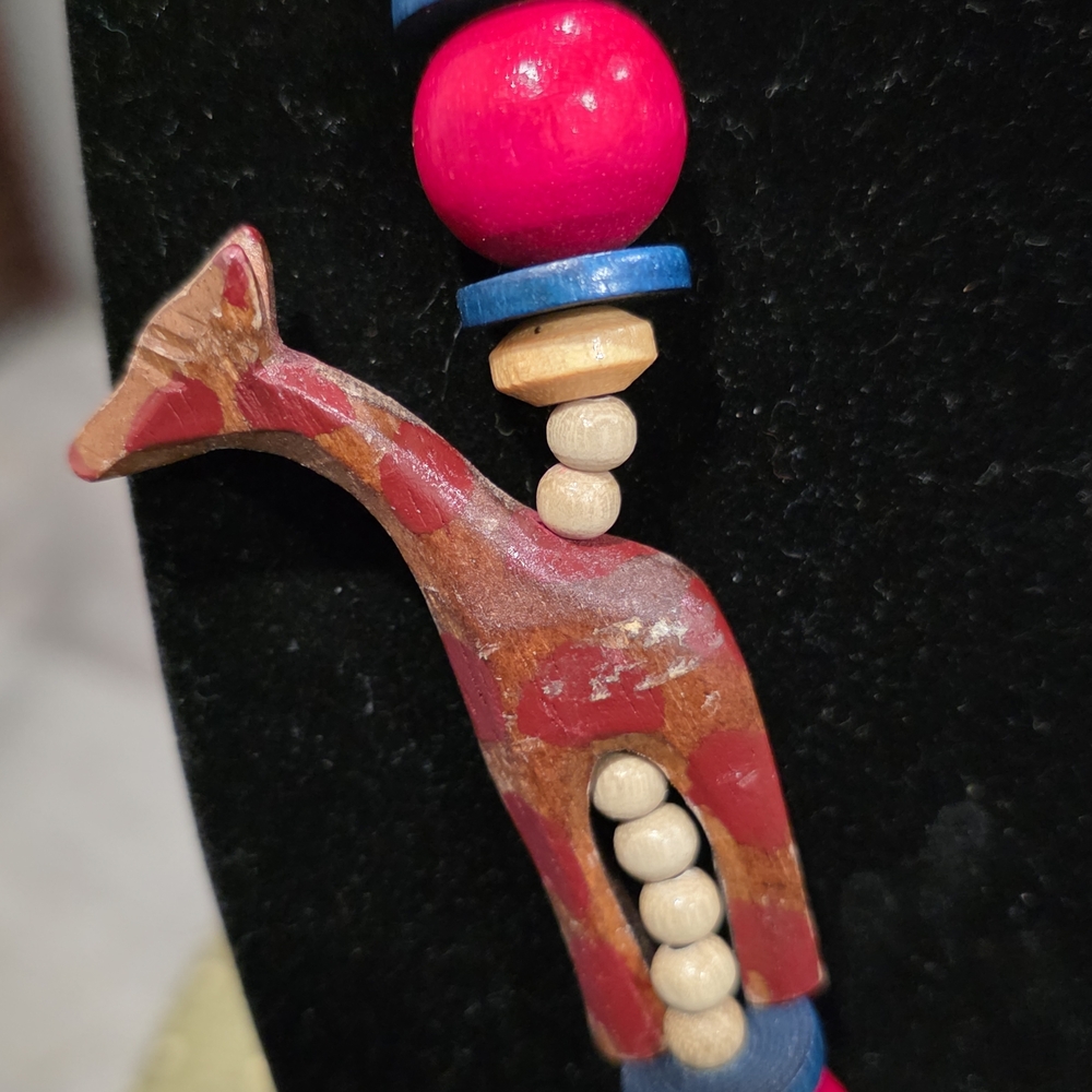 Vintage African Carved Wood Safari Animal Necklace Giraffe Cheetah - Picture 3 of 5
